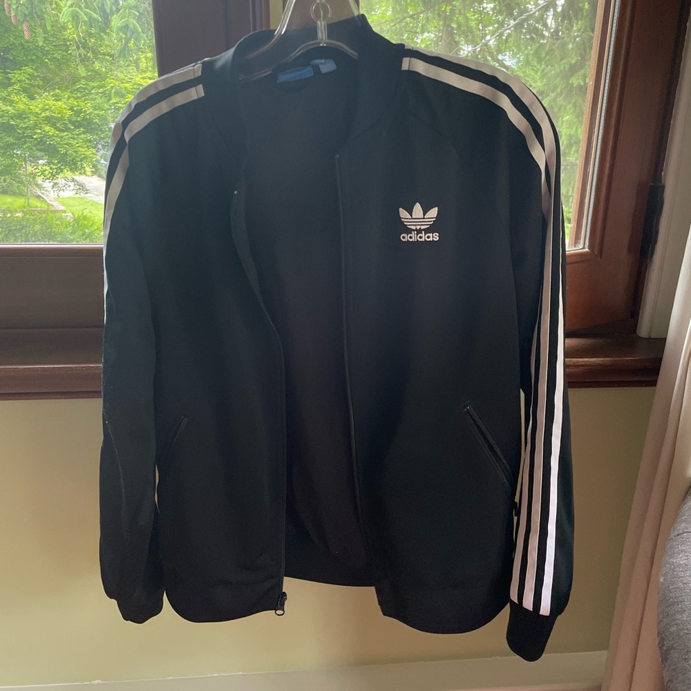 Black Adidas Jacket with White Stripes